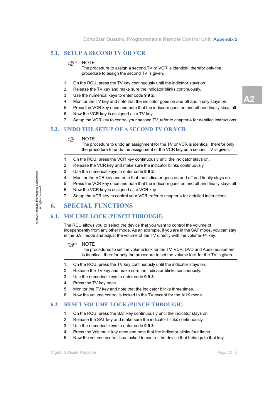 Setup a second tv or vcr, Undo the setup of a second tv or vcr, Special functions | Volume lock (punch through), Reset volume lock (punch through), A2-5 | Dish Network DVR-7000 User Manual | Page 87 / 100