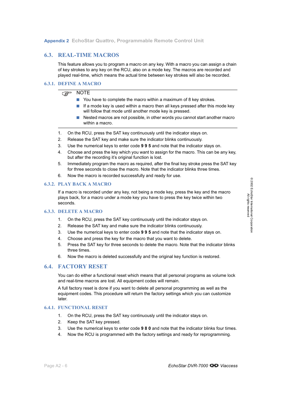 Real-time macros, Define a macro, Play back a macro | Delete a macro, Factory reset, Functional reset | Dish Network DVR-7000 User Manual | Page 88 / 100