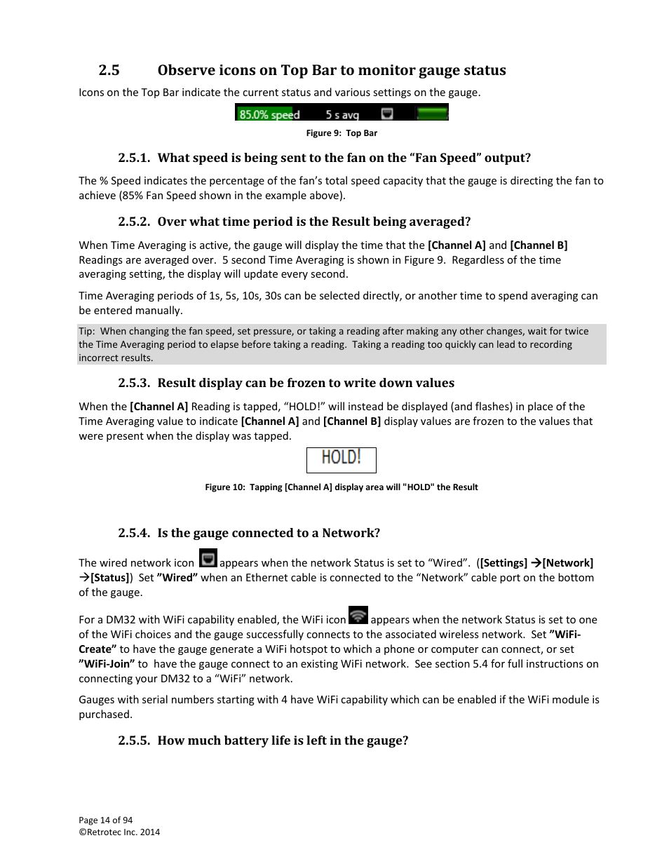 Observe icons on top bar to monitor gauge status, Over what time period is the result being averaged, Result display can be frozen to write down values | Is the gauge connected to a network, How much battery life is left in the gauge, 5 observe icons on top bar to monitor gauge status | Retrotec DM32 User Manual | Page 14 / 94