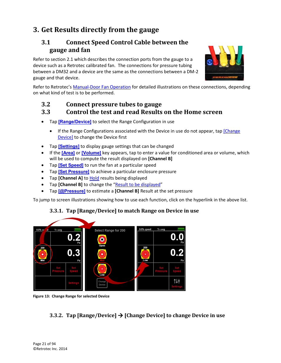 Get results directly from the gauge, Connect pressure tubes to gauge, Tap [range/device] to match range on device in use | Retrotec DM32 User Manual | Page 21 / 94