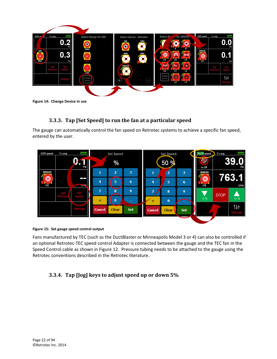 Tap [jog] keys to adjust speed up or down 5, Set speed, Set pressure | Retrotec DM32 User Manual | Page 22 / 94