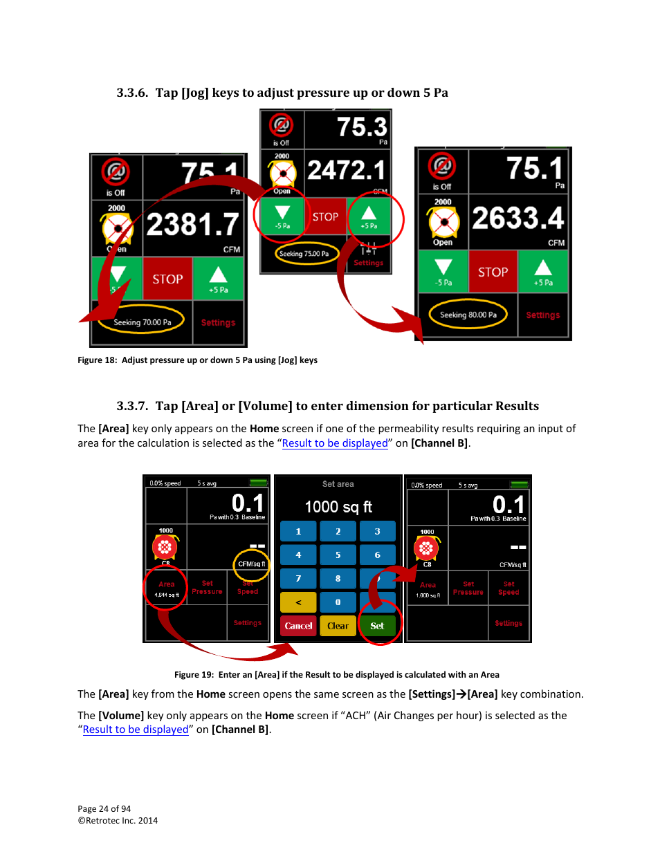 Tap [jog] keys to adjust pressure up or down 5 pa, Area | Retrotec DM32 User Manual | Page 24 / 94