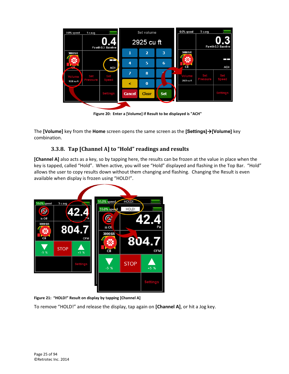 Tap [channel a] to “hold” readings and results, Hold | Retrotec DM32 User Manual | Page 25 / 94