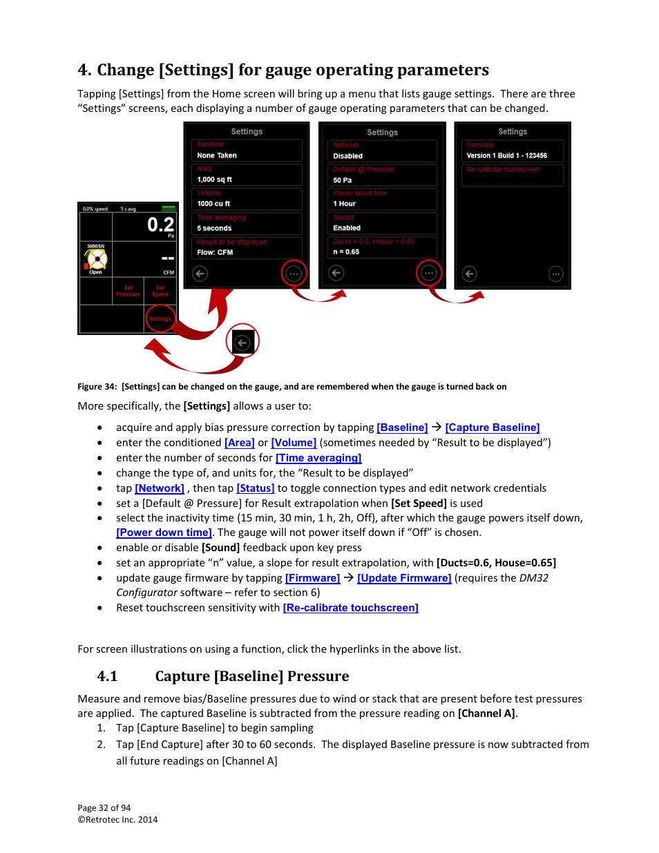 Change [settings] for gauge operating parameters, Capture [baseline] pressure, Settings | 1 capture [baseline] pressure | Retrotec DM32 User Manual | Page 32 / 94