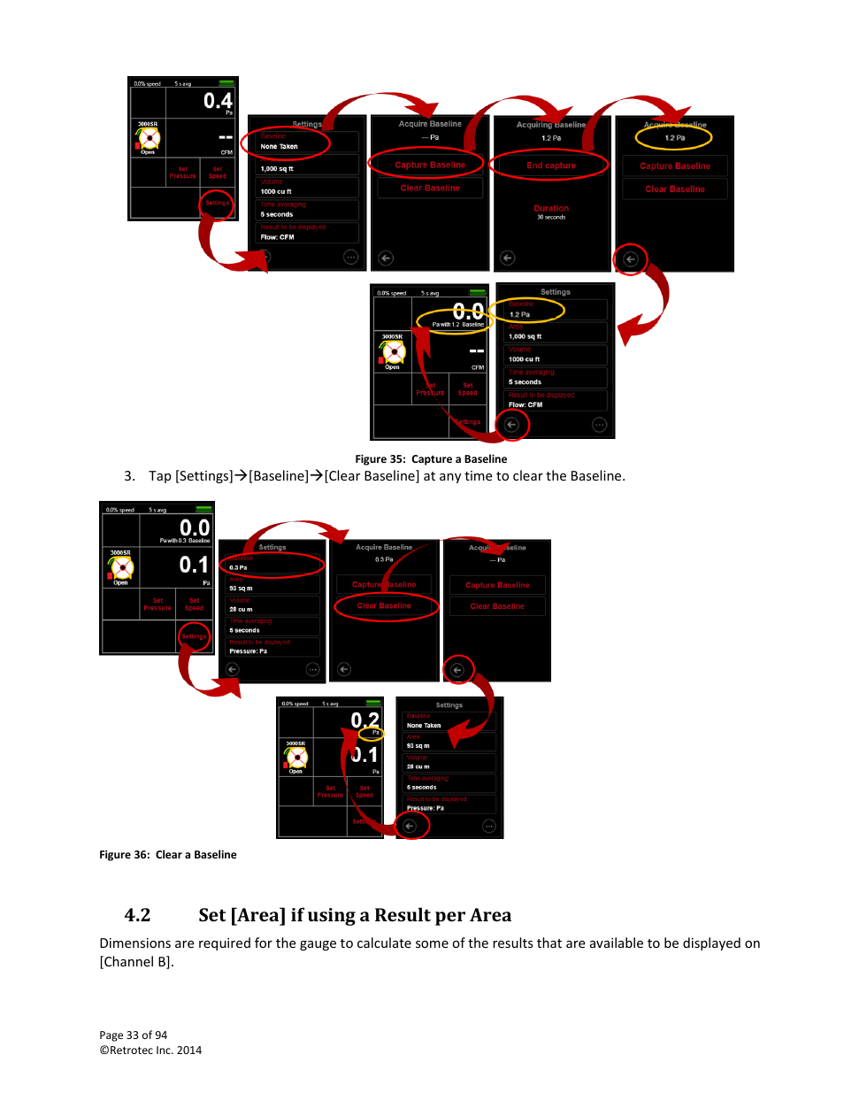 Set [area] if using a result per area, Area, Volume | 2 set [area] if using a result per area | Retrotec DM32 User Manual | Page 33 / 94