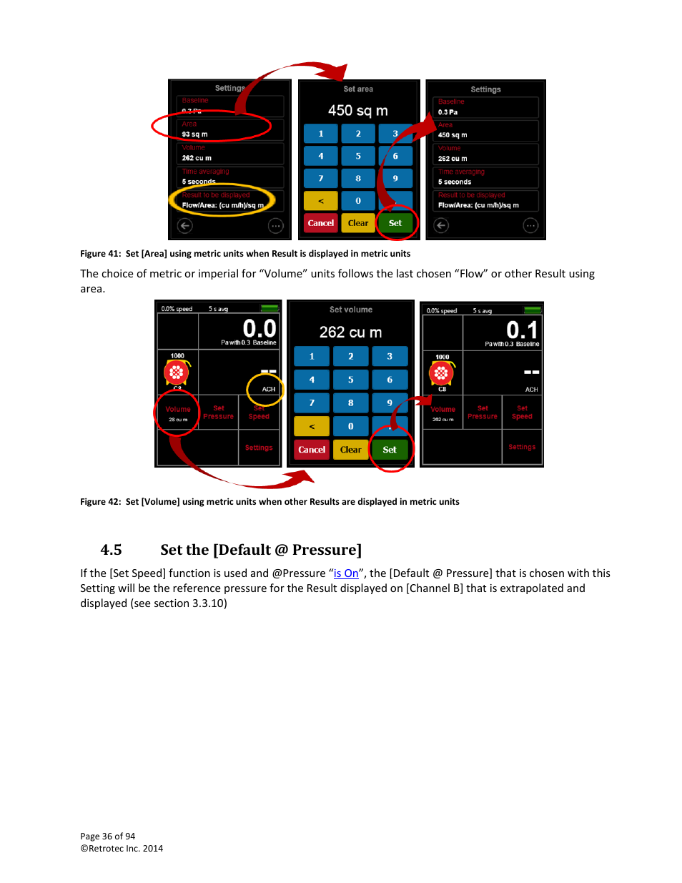 Set the [default @ pressure, Time averaging, 5 set the [default @ pressure | Retrotec DM32 User Manual | Page 36 / 94