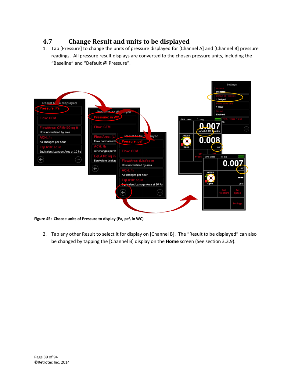 Change result and units to be displayed, Network, Status | 7 change result and units to be displayed | Retrotec DM32 User Manual | Page 39 / 94