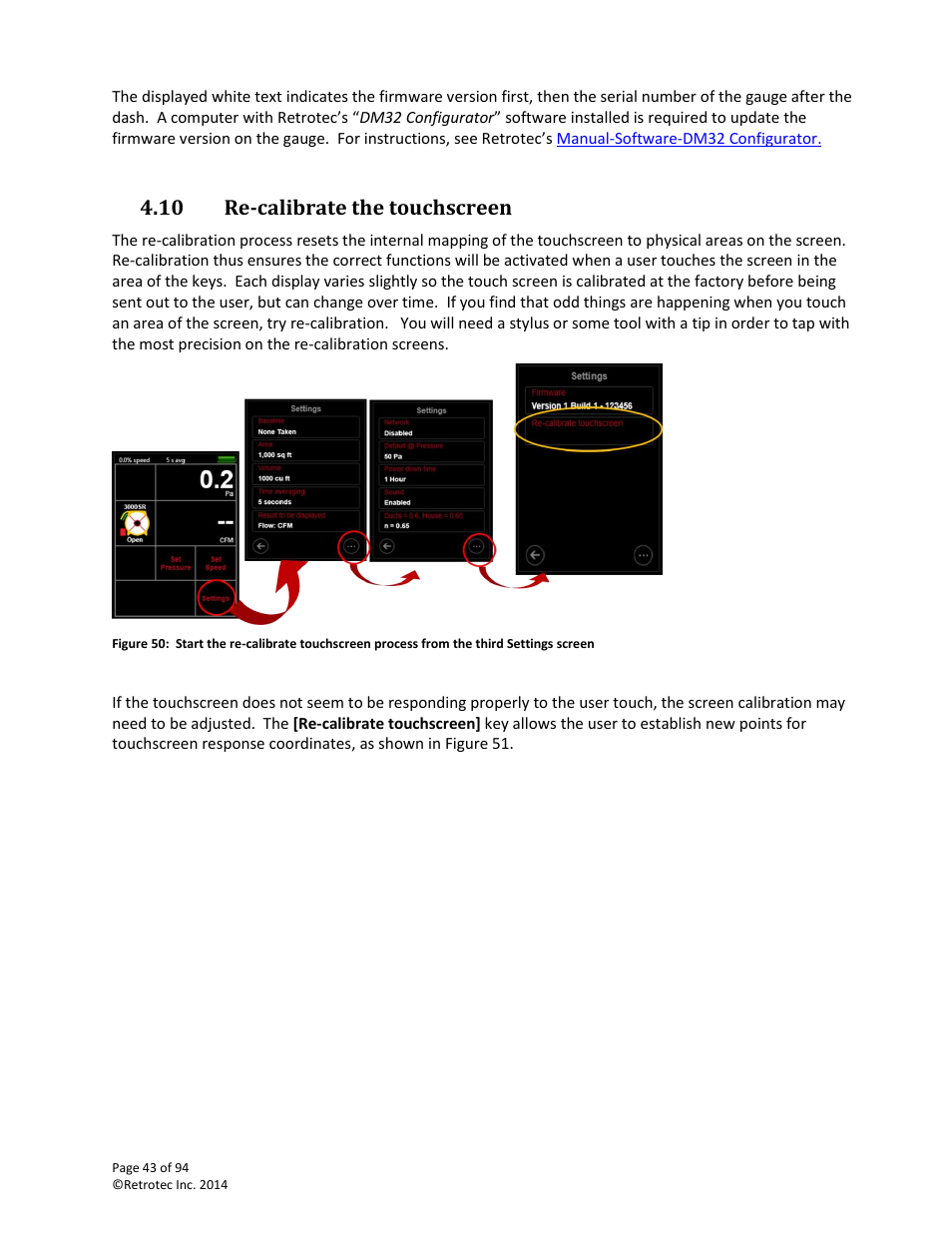 Re-calibrate the touchscreen, Power down time, Re-calibrate touchscreen | 10 re-calibrate the touchscreen | Retrotec DM32 User Manual | Page 43 / 94