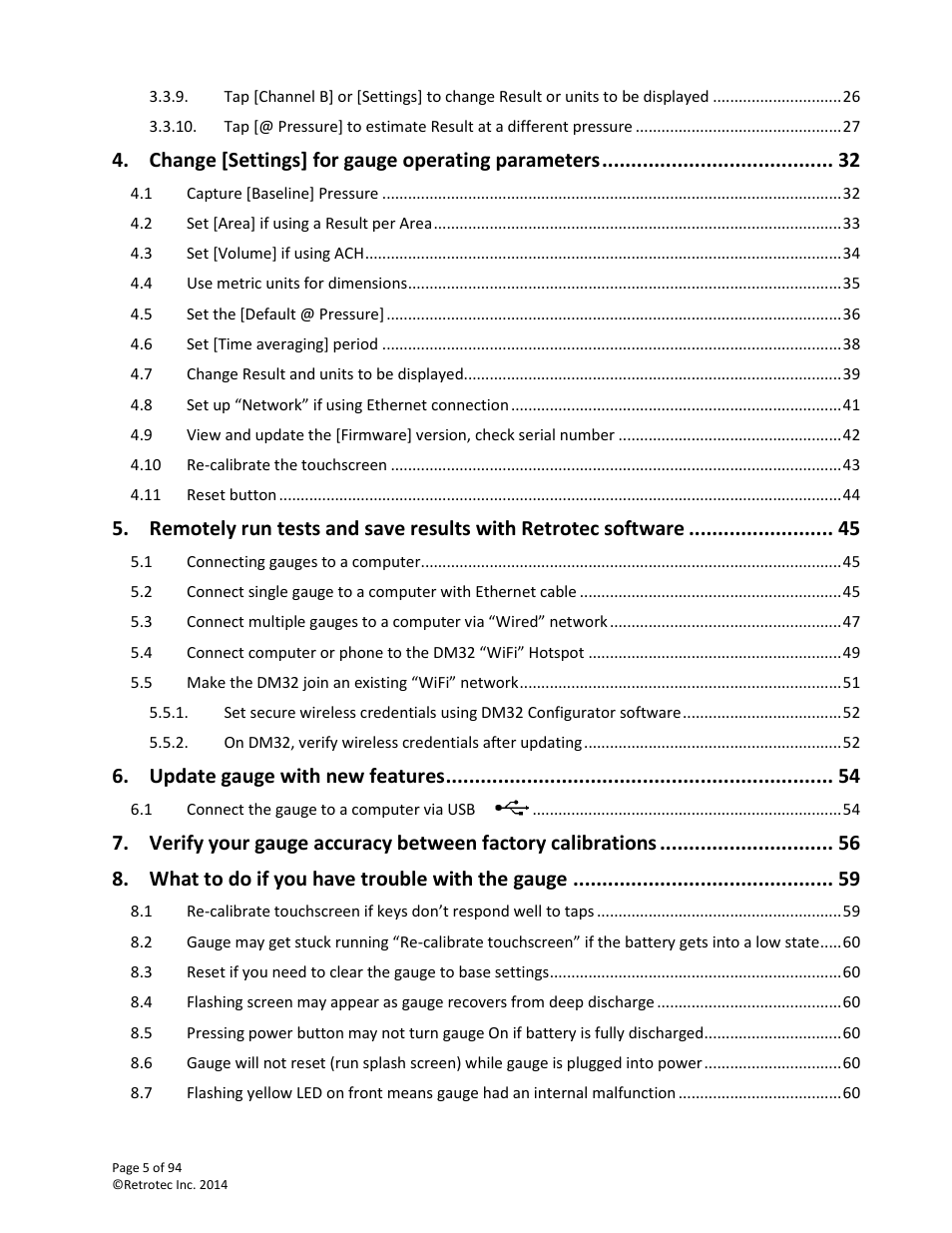 Change [settings] for gauge operating parameters, Update gauge with new features, What to do if you have trouble with the gauge | Retrotec DM32 User Manual | Page 5 / 94