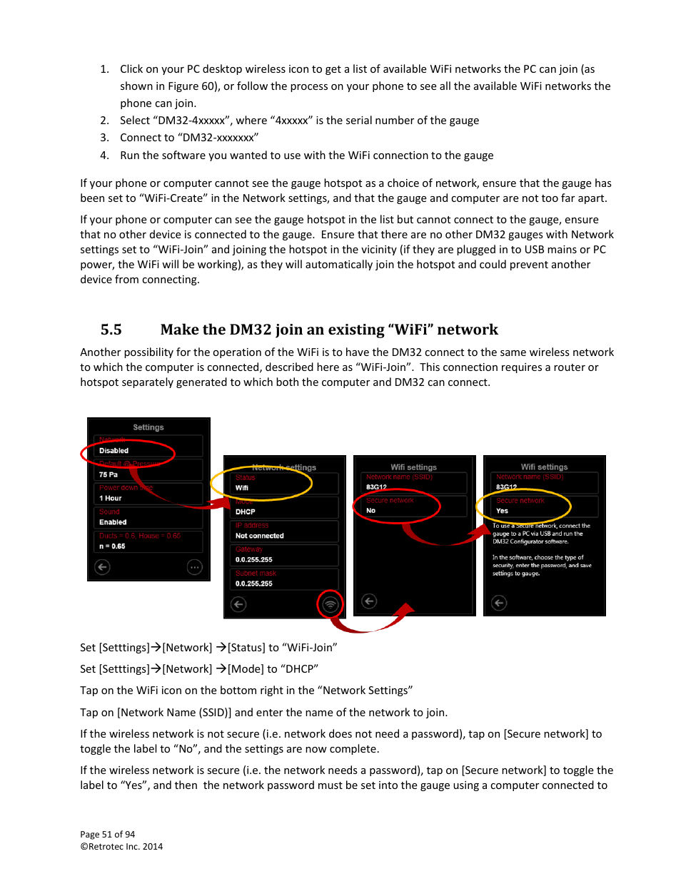 Make the dm32 join an existing “wifi” network, 5 make the dm32 join an existing “wifi” network | Retrotec DM32 User Manual | Page 51 / 94