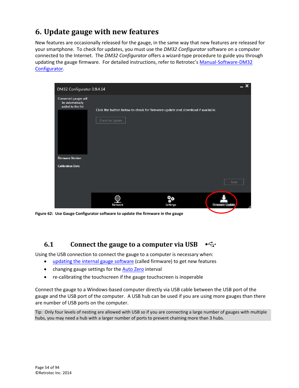 Update gauge with new features, Connect the gauge to a computer via usb, Update the internal gauge software | 1 connect the gauge to a computer via usb | Retrotec DM32 User Manual | Page 54 / 94