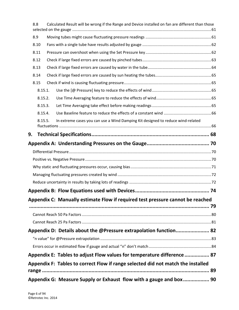 Technical specifications, Appendix a: understanding pressures on the gauge, Appendix b: flow equations used with devices | Retrotec DM32 User Manual | Page 6 / 94