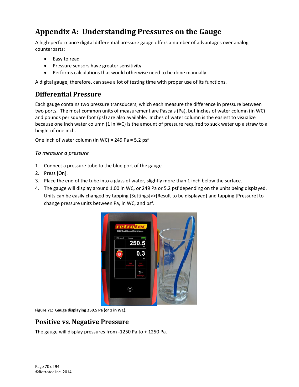 Appendix a: understanding pressures on the gauge, Differential pressure, Positive vs. negative pressure | Retrotec DM32 User Manual | Page 70 / 94