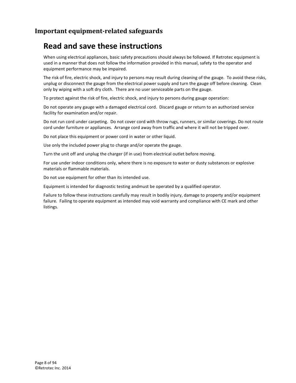 Important equipment-related safeguards, Read and save these instructions | Retrotec DM32 User Manual | Page 8 / 94
