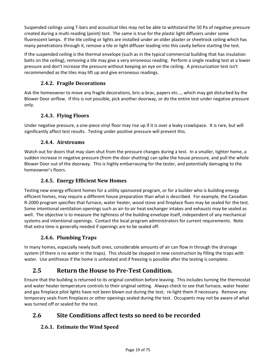 Fragile decorations, Flying floors, Airstreams | Energy efficient new homes, Plumbing traps, Return the house to pre-test condition, Estimate the wind speed | Retrotec Residential Pressure & Air Leakage User Manual | Page 19 / 75