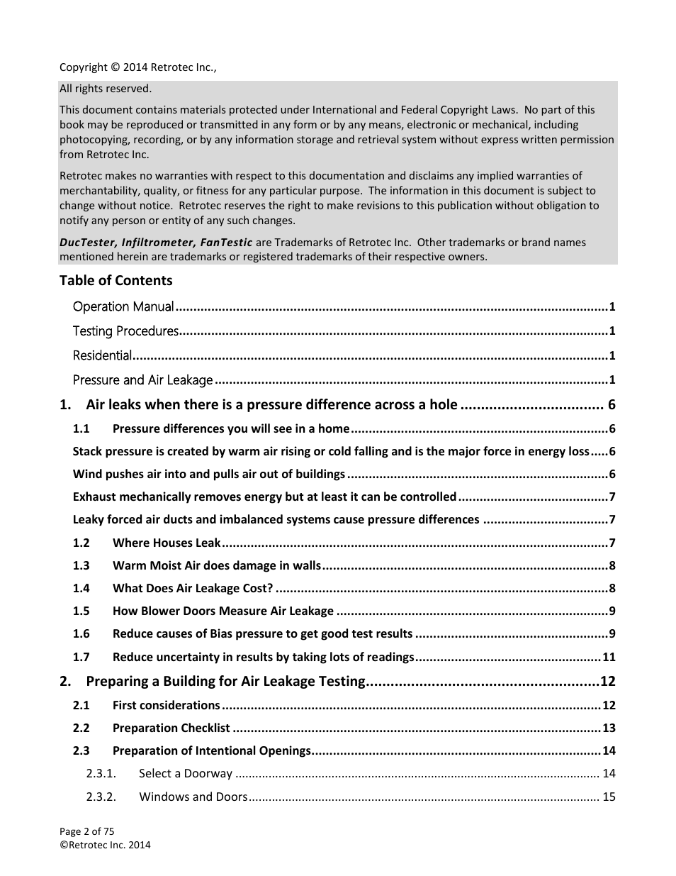 Retrotec Residential Pressure & Air Leakage User Manual | Page 2 / 75