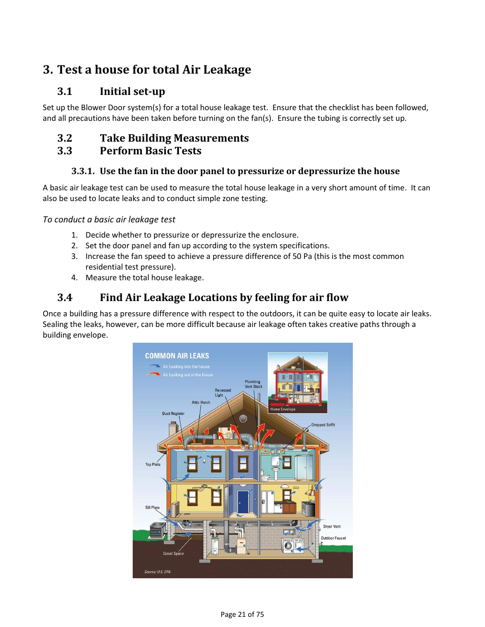 Test a house for total air leakage, Initial set-up, Take building measurements | Perform basic tests, Find air leakage locations by feeling for air flow | Retrotec Residential Pressure & Air Leakage User Manual | Page 21 / 75