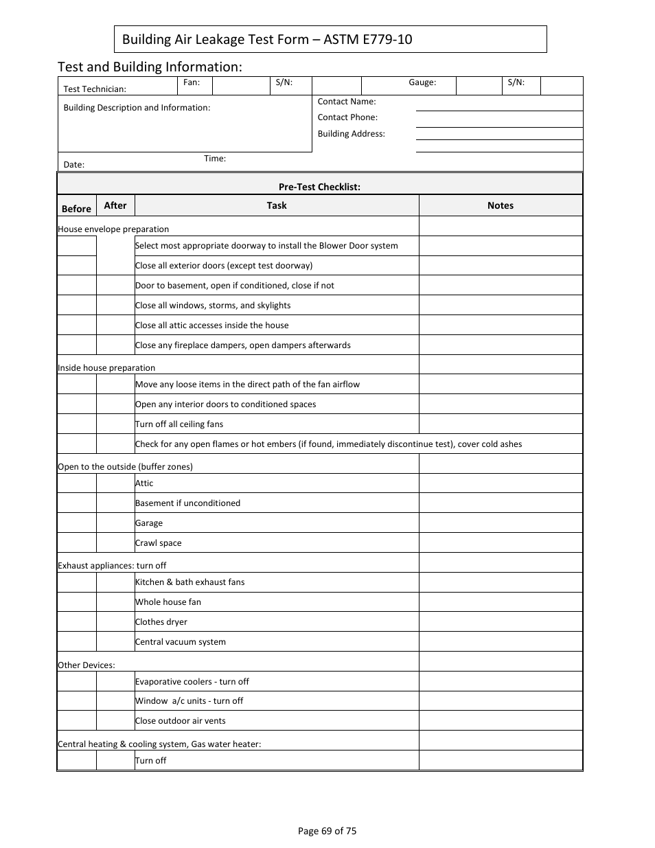 Test and building information | Retrotec Residential Pressure & Air Leakage User Manual | Page 69 / 75