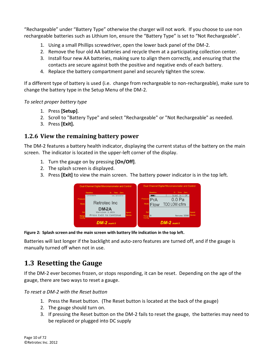 To select proper battery type, View the remaining battery power, Resetting the gauge | To reset a dm-2 with the reset button, 3 resetting the gauge | Retrotec DM-2 User Manual | Page 10 / 72