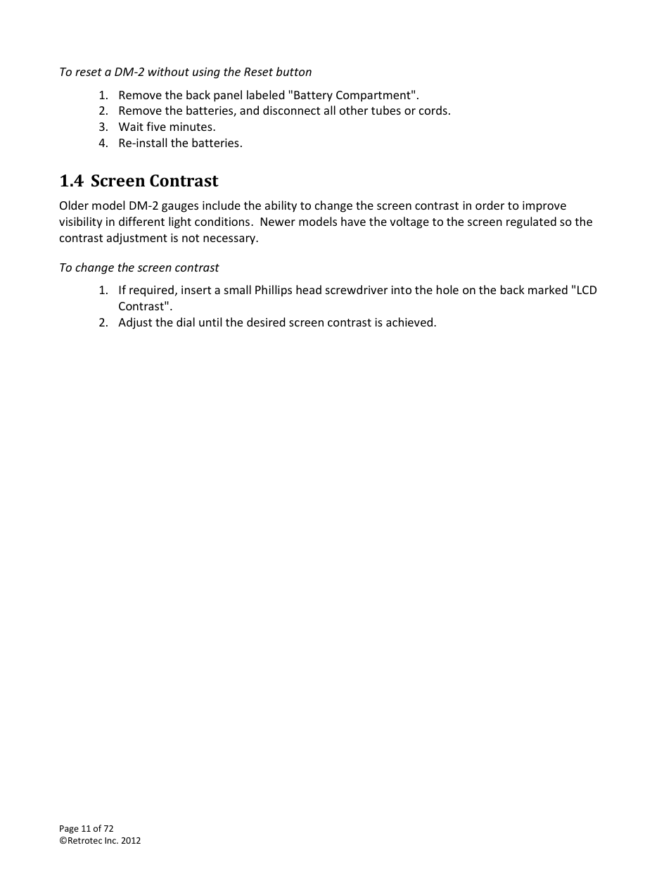 To reset a dm-2 without using the reset button, Screen contrast, To change the screen contrast | 4 screen contrast | Retrotec DM-2 User Manual | Page 11 / 72