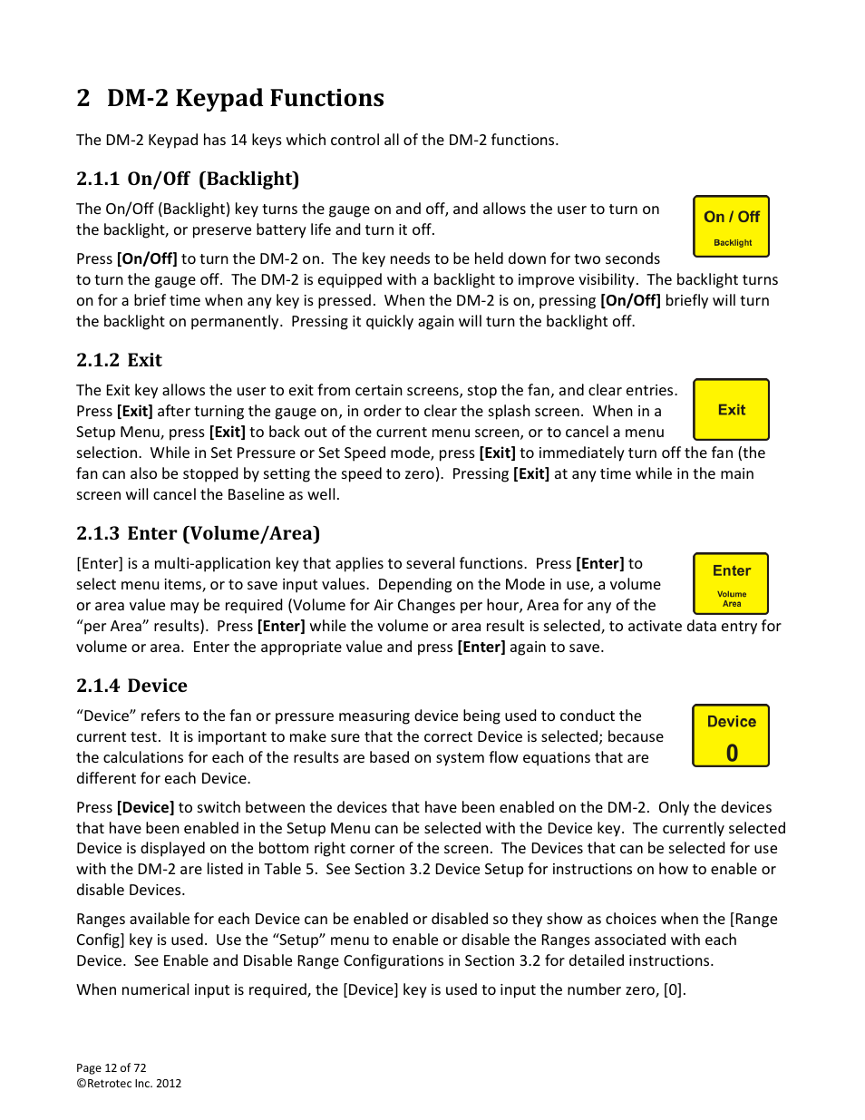 Dm-2 keypad functions, On/off (backlight), Exit | Enter (volume/area), Device, 2 dm-2 keypad functions | Retrotec DM-2 User Manual | Page 12 / 72