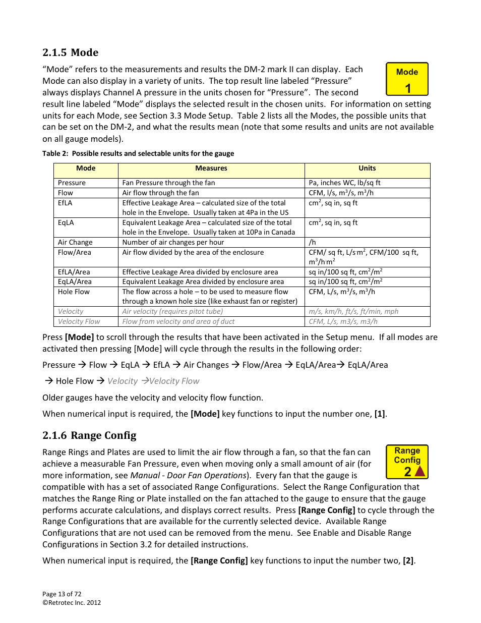 Mode, Range config, 5 mode | 6 range config | Retrotec DM-2 User Manual | Page 13 / 72