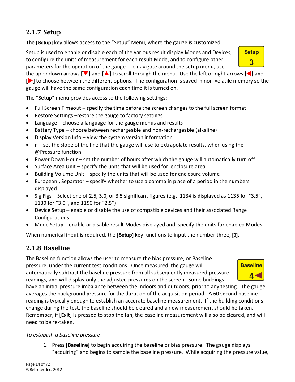 Setup, Baseline, To establish a baseline pressure | Retrotec DM-2 User Manual | Page 14 / 72
