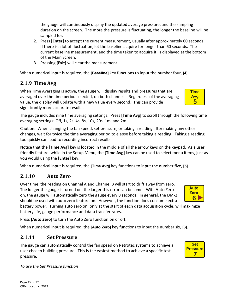 Time avg, Auto zero, Set pressure | To use the set pressure function | Retrotec DM-2 User Manual | Page 15 / 72