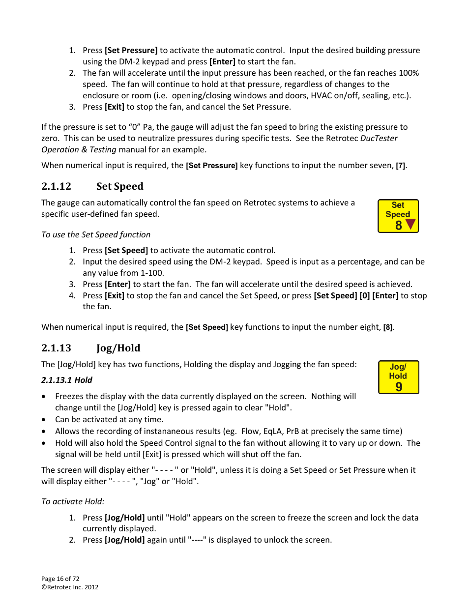 Set speed, To use the set speed function, Jog/hold | To activate hold | Retrotec DM-2 User Manual | Page 16 / 72