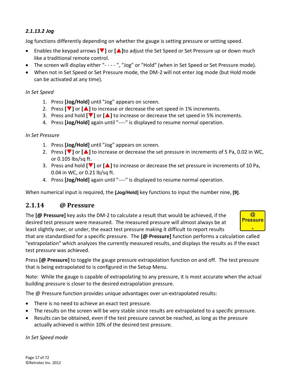 In set speed, In set pressure, Pressure | In set speed mode | Retrotec DM-2 User Manual | Page 17 / 72