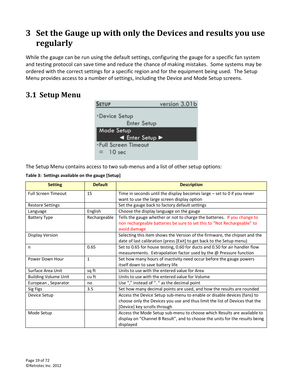 Setup menu, 1 setup menu | Retrotec DM-2 User Manual | Page 19 / 72