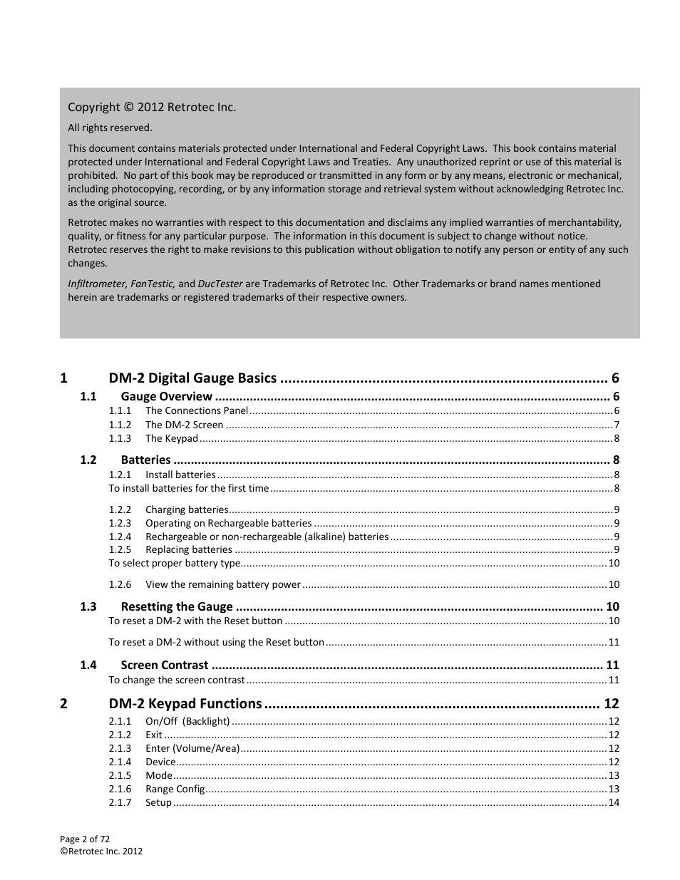 Dm-2 digital gauge basics, Dm-2 keypad functions | Retrotec DM-2 User Manual | Page 2 / 72