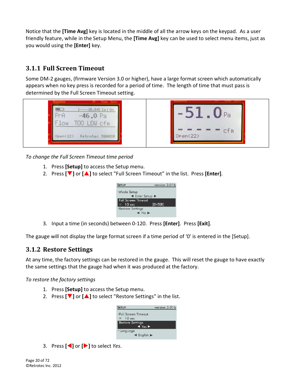 Full screen timeout, To change the full screen timeout time period, Restore settings | To restore the factory settings | Retrotec DM-2 User Manual | Page 20 / 72