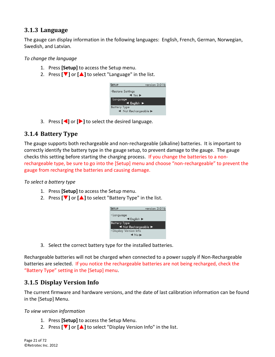 Language, To change the language, Battery type | To select a battery type, Display version info, To view version information | Retrotec DM-2 User Manual | Page 21 / 72