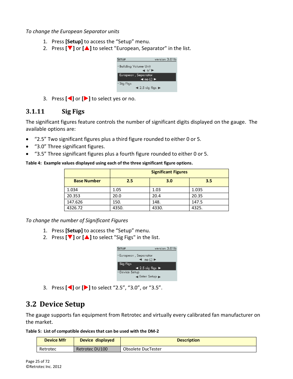 To change the european separator units, Sig figs, To change the number of significant figures | Device setup, Table 5, 2 device setup, 11 sig figs | Retrotec DM-2 User Manual | Page 25 / 72