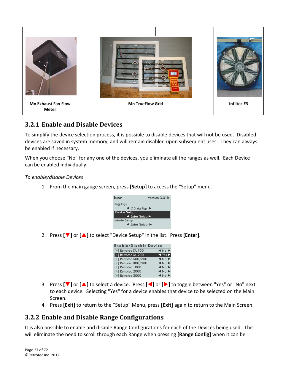 Enable and disable devices, To enable/disable devices, Enable and disable range configurations | E enable and disable range configurations, Ee enable and disable range configurations, 1 enable and disable devices, 2 enable and disable range configurations | Retrotec DM-2 User Manual | Page 27 / 72