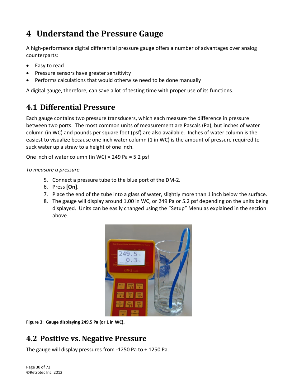 Understand the pressure gauge, Differential pressure, To measure a pressure | Positive vs. negative pressure, 4 understand the pressure gauge, 1 differential pressure, 2 positive vs. negative pressure | Retrotec DM-2 User Manual | Page 30 / 72