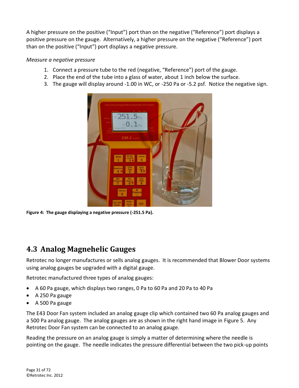 Measure a negative pressure, Analog magnehelic gauges, 3 analog magnehelic gauges | Retrotec DM-2 User Manual | Page 31 / 72