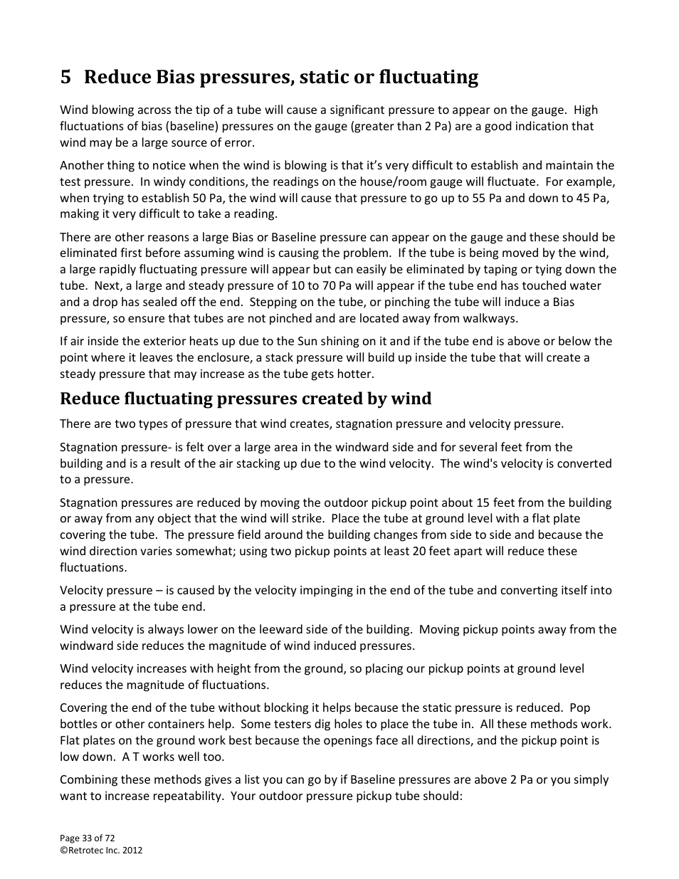 Reduce bias pressures, static or fluctuating, Reduce fluctuating pressures created by wind, 5 reduce bias pressures, static or fluctuating | Retrotec DM-2 User Manual | Page 33 / 72