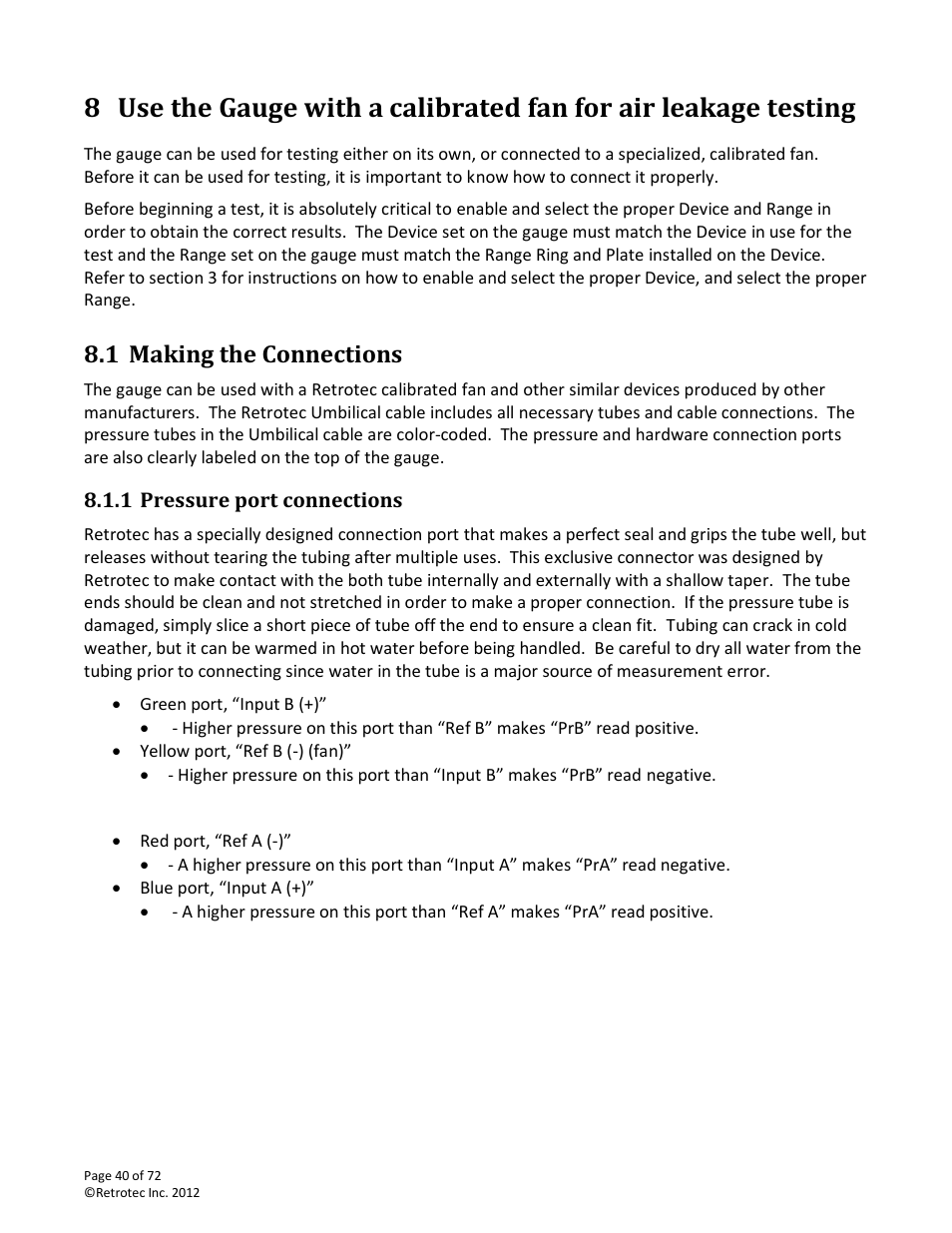 Making the connections, Pressure port connections, 1 making the connections | Retrotec DM-2 User Manual | Page 40 / 72