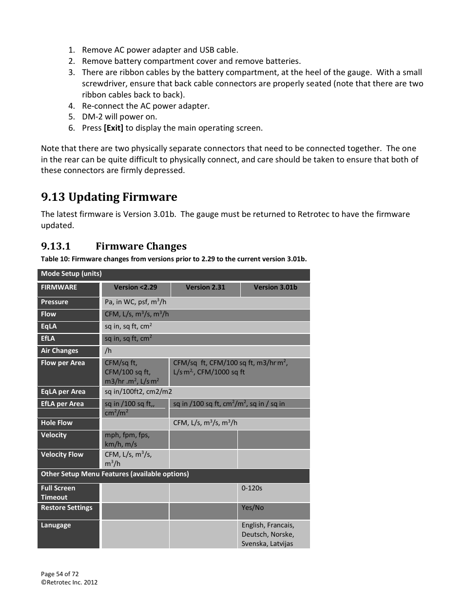 Updating firmware, Firmware changes, 13 updating firmware | 1 firmware changes | Retrotec DM-2 User Manual | Page 54 / 72