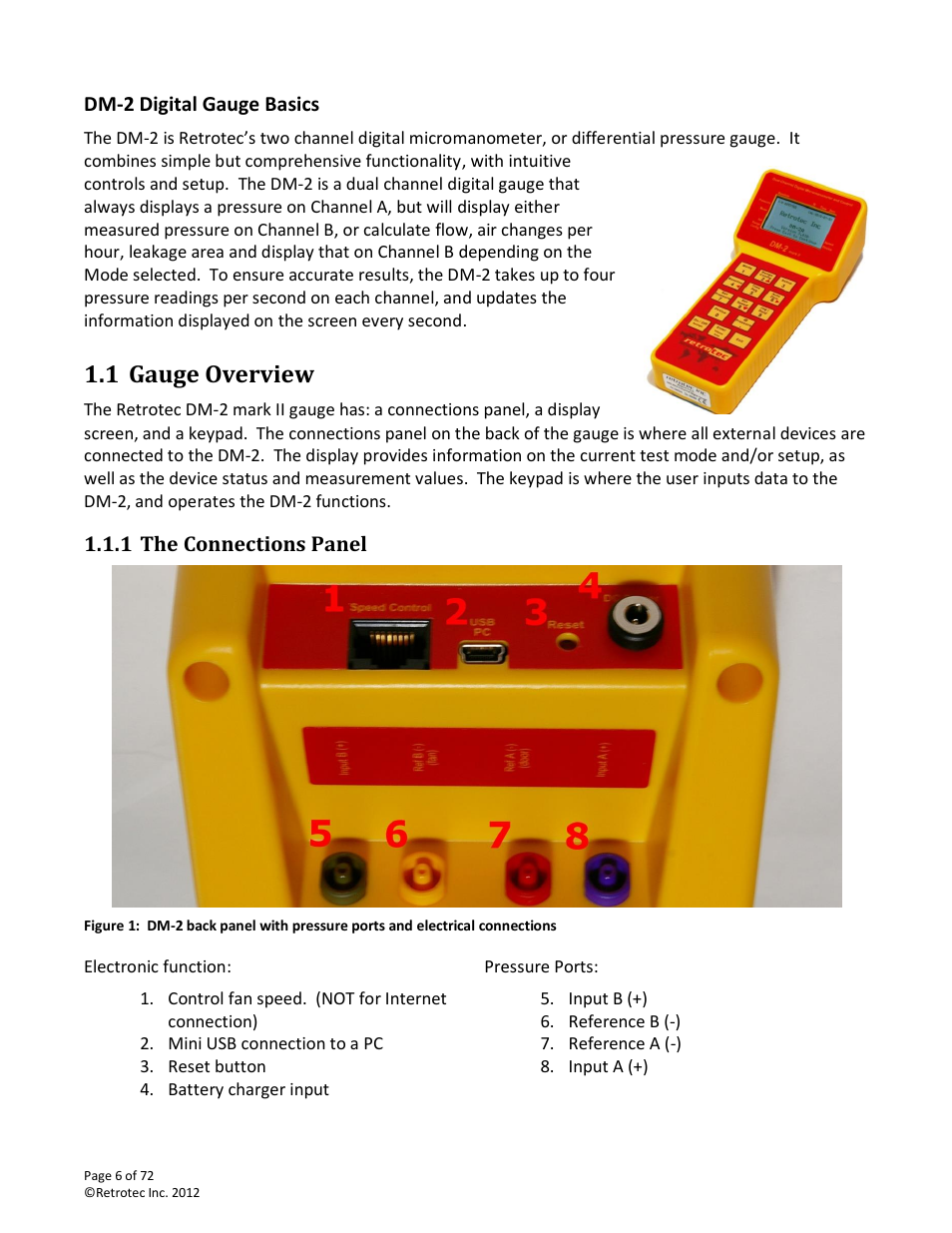 Dm-2 digital gauge basics, Gauge overview, The connections panel | 1 gauge overview | Retrotec DM-2 User Manual | Page 6 / 72