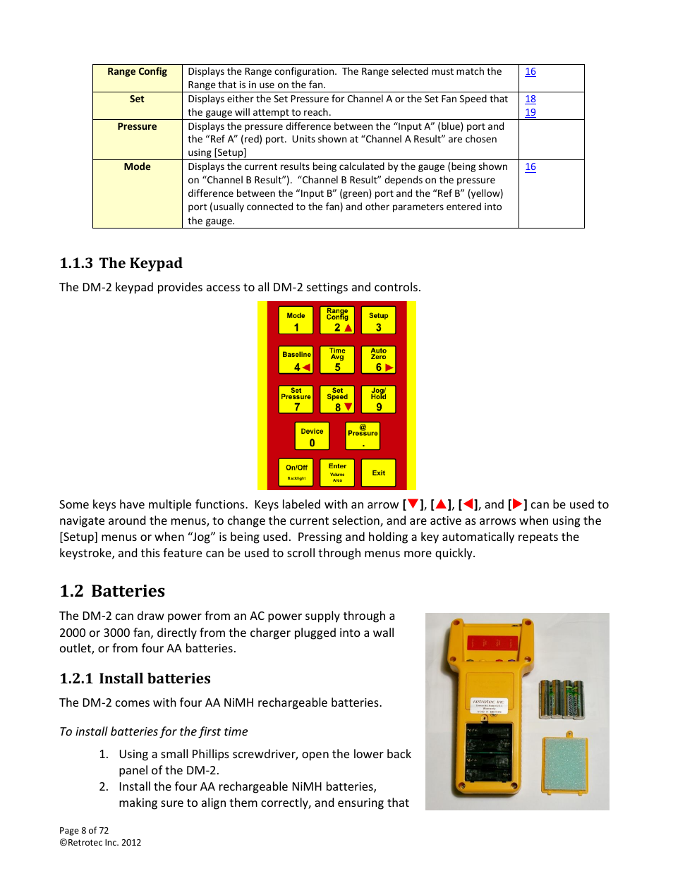 The keypad, Batteries, Install batteries | To install batteries for the first time, 2 batteries, 3 the keypad, 1 install batteries | Retrotec DM-2 User Manual | Page 8 / 72