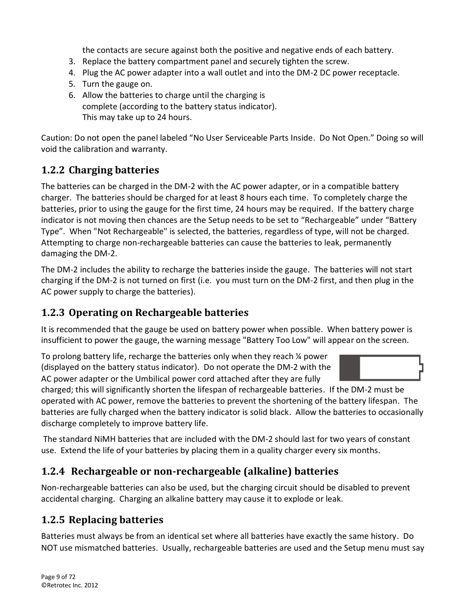 Charging batteries, Operating on rechargeable batteries, Replacing batteries | Retrotec DM-2 User Manual | Page 9 / 72