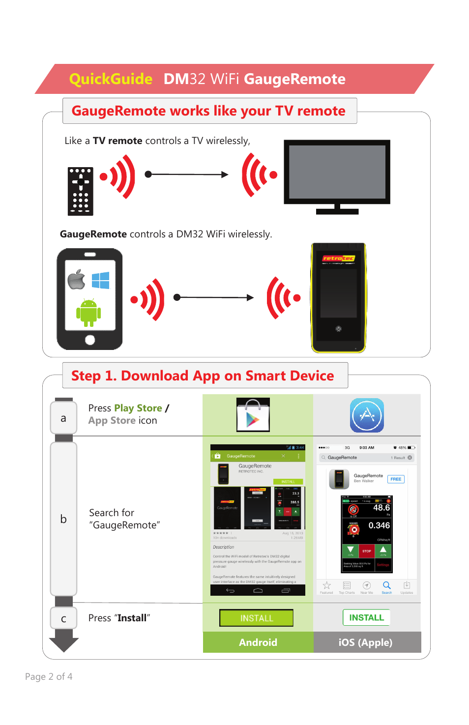 Quickguide dm 32 wifi gaugeremote, Gaugeremote works like your tv remote, Step 1. download app on smart device | Retrotec DM32 WiFi: GaugeRemote User Manual | Page 2 / 4
