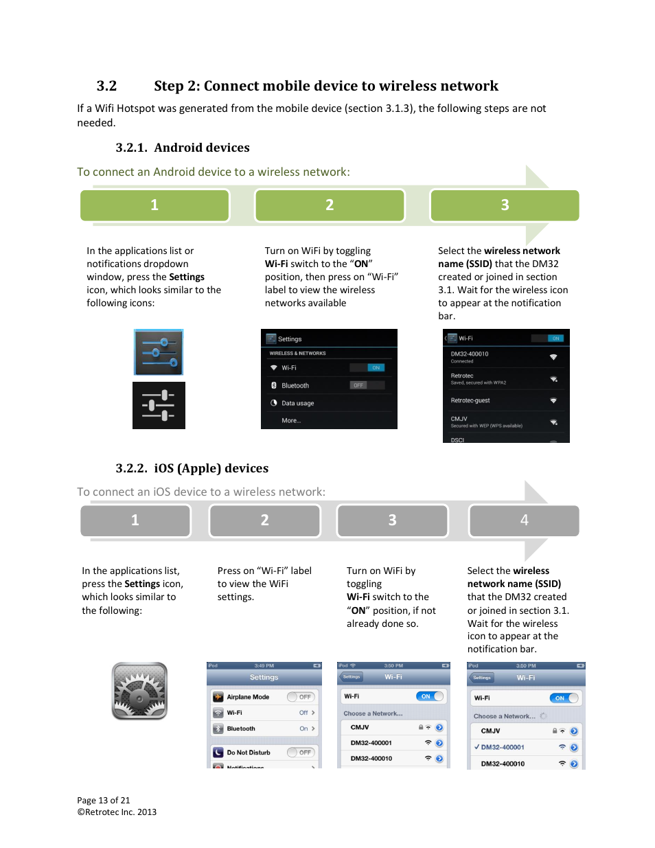 Step 2: connect mobile device to wireless network, Android devices, Ios (apple) devices | Retrotec DM32 WiFi: GaugeRemote User Manual | Page 13 / 21