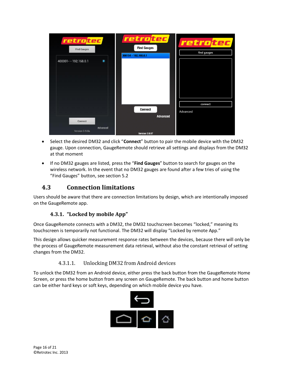 Connection limitations, Locked by mobile app, 3 connection limitations | Retrotec DM32 WiFi: GaugeRemote User Manual | Page 16 / 21