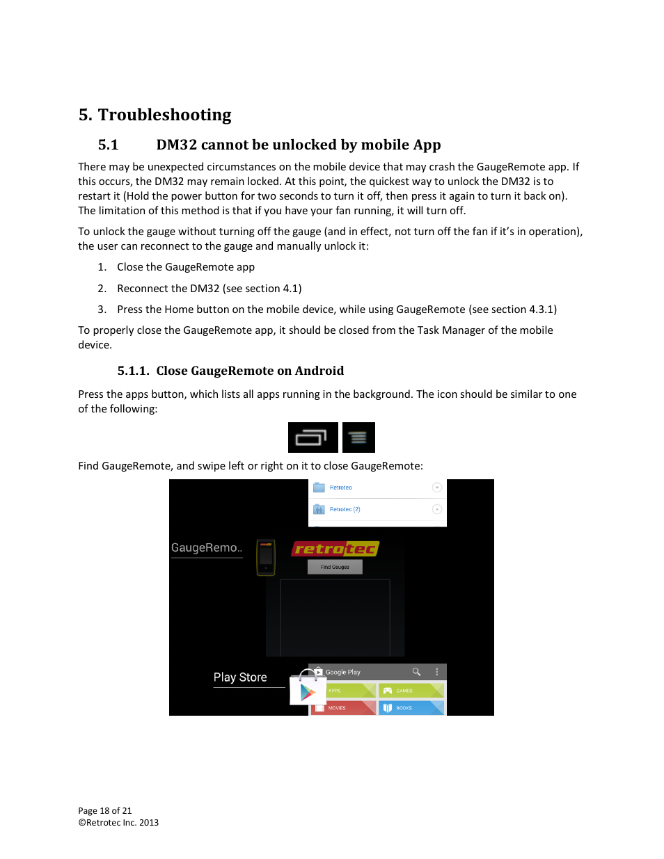 Troubleshooting, Dm32 cannot be unlocked by mobile app, Close gaugeremote on android | 1 dm32 cannot be unlocked by mobile app | Retrotec DM32 WiFi: GaugeRemote User Manual | Page 18 / 21