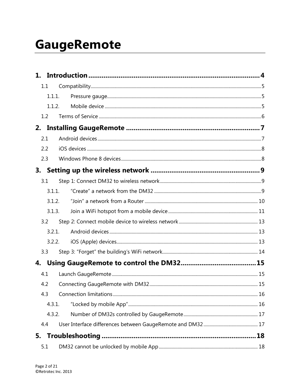 Gaugeremote | Retrotec DM32 WiFi: GaugeRemote User Manual | Page 2 / 21