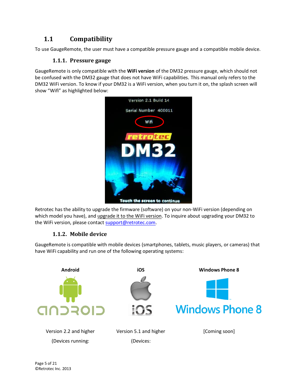 Compatibility, Pressure gauge, Mobile device | 1 compatibility | Retrotec DM32 WiFi: GaugeRemote User Manual | Page 5 / 21